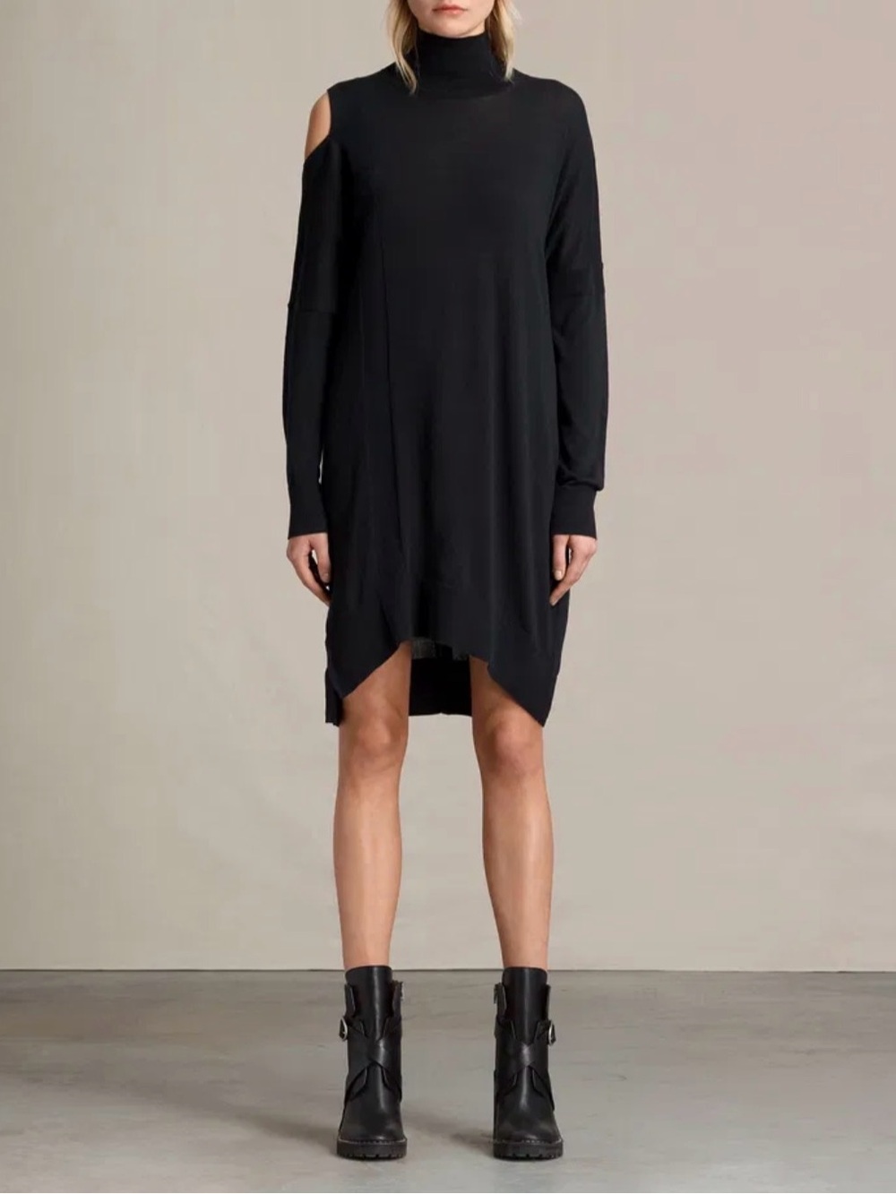 AllSaints Black Asymmetrical Cold-Shoulder Turtleneck Dress